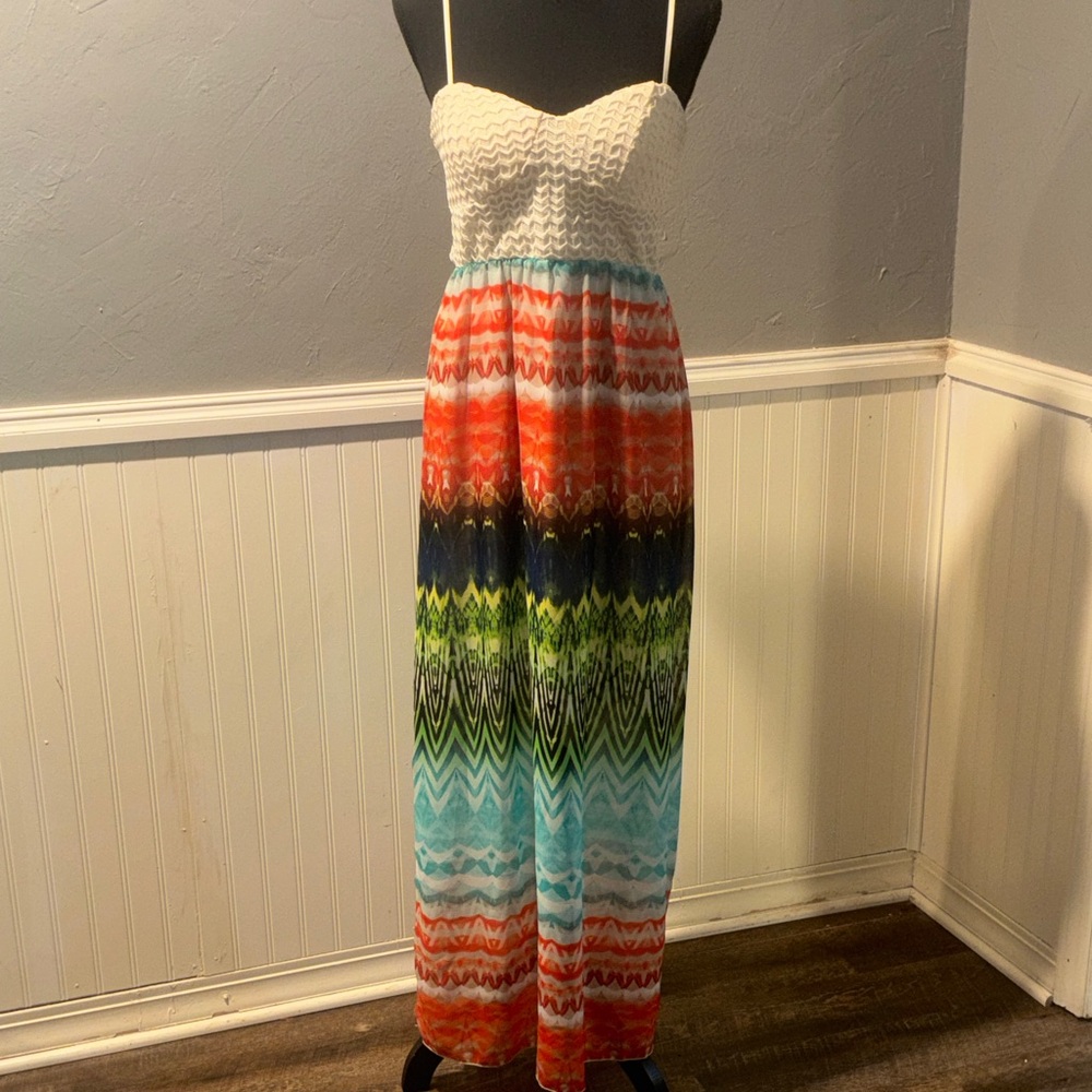 Body Central White Smocked Top Maxi Dress with Multicolor Chevron Skirt